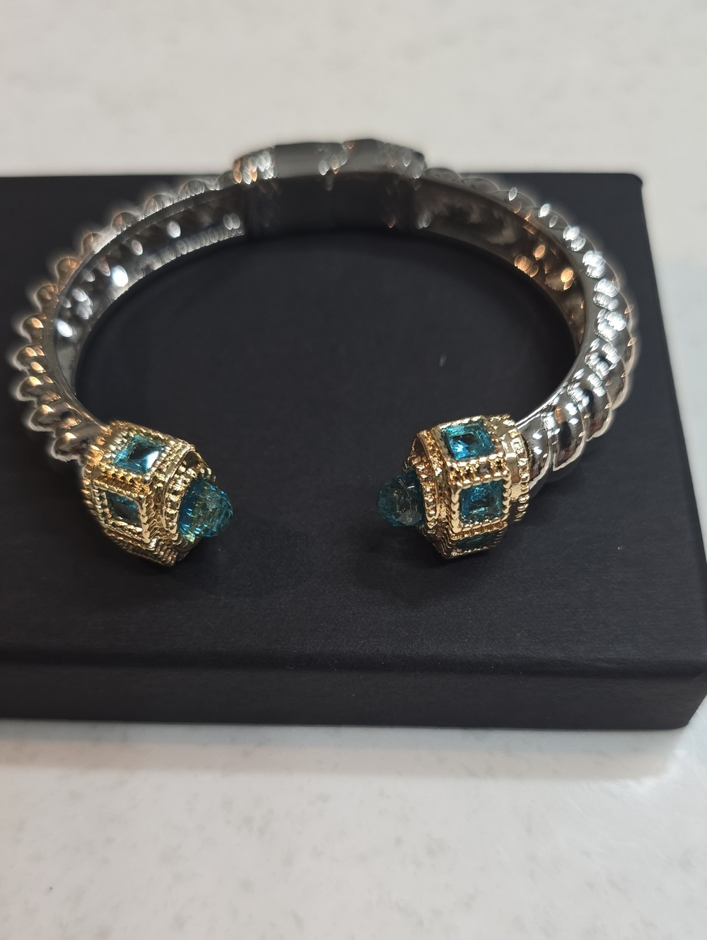 Two-Tone Silver & Gold Cuff Bracelet with Blue Gem Accents
